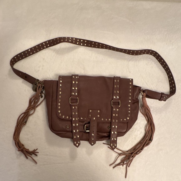 We The Free Brown Studded Fringe Shoulder Crossbody Bag with Buckle Accent